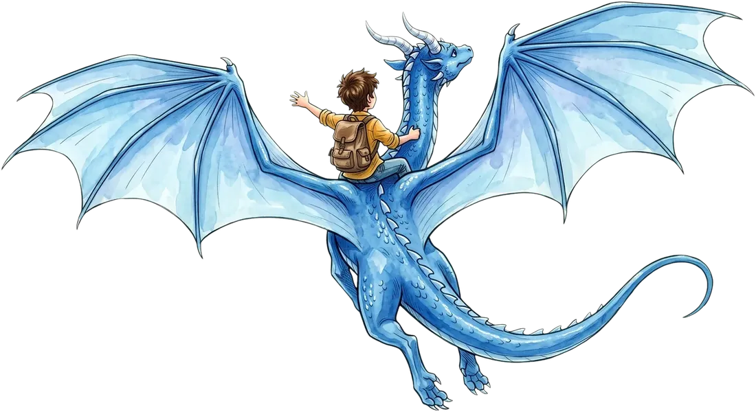 Milo fliegt auf dem Rücken des blauen Drachen Lyrian über die Insel