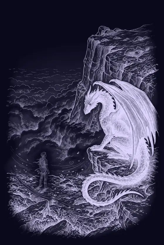 Federzeichnung aus Band 3: Ein riesiger Drache kauert auf einer Klippe über einem Meer aus Nebel, unten steht klein ein Junge.